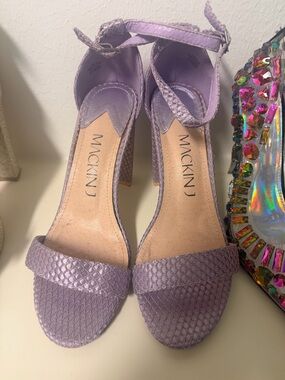 Lilac Textured Ankle-Strap Block Heel Sandals